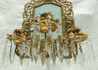 Antique Bradley Hubbard Brass Crystal Prism Figural Candle Mirror Wall Sconce 6