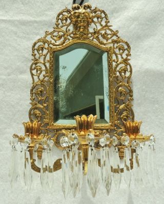 Antique Bradley Hubbard Brass Crystal Prism Figural Candle Mirror Wall Sconce 7