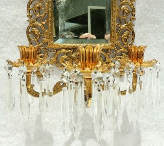 Antique Bradley Hubbard Brass Crystal Prism Figural Candle Mirror Wall Sconce 8