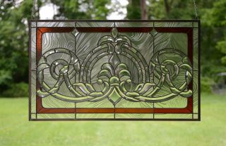 Handcrafted Stained Glass Clear Beveled Window Panel 34.  75 " W X 20.  5 " H