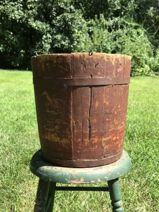 Antique Primitive Wooden Staved Sap Bucket W/original Hook,  2 Bands,  Old Red Paint