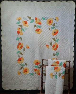 Orange And White Applique California Poppy Quilt 2 91x76