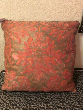 Italian Fortuny Fabric Pillow In Lucrezia Pattern Orange Silvery Gold & Red Back