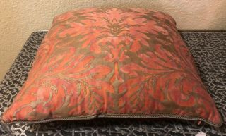 Italian Fortuny Fabric Pillow in Lucrezia Pattern Orange Silvery Gold & Red Back 3