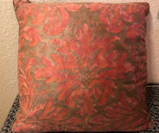 Italian Fortuny Fabric Pillow in Lucrezia Pattern Orange Silvery Gold & Red Back 4
