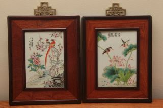 Pair Chinese Famille Rose Landscape Porcelain Plaque With Wood Frame