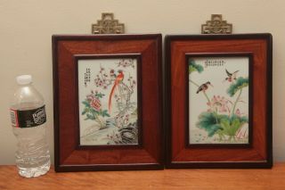 Pair Chinese Famille Rose Landscape Porcelain Plaque With Wood Frame 2
