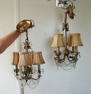 Matched Vintage 4 - - Light Chandeliers With Prisms & Crystal Chains