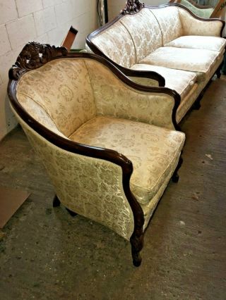 Antique French Victorian Carved Mahogany Sofa Settee Couch and Chair 8