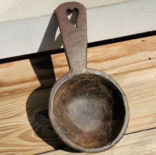 Primitive Rustic Carved Wood Bowl With Handle Heart Hole Ladle Dipper 11 "
