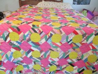 Vtg Hand Stitched Bright Colored Cotton Quilt Pink & Yellow Cottage Farmhouse