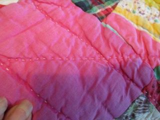 VTG HAND STITCHED BRIGHT COLORED COTTON QUILT PINK & YELLOW COTTAGE FARMHOUSE 2