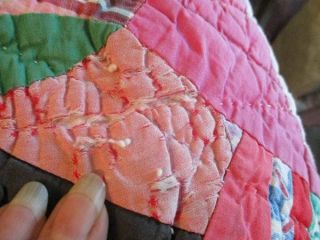 VTG HAND STITCHED BRIGHT COLORED COTTON QUILT PINK & YELLOW COTTAGE FARMHOUSE 5