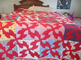 Vintage Hand Stitched Cotton Batted Quilt Mostly Christmas Red