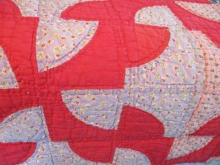 VINTAGE HAND STITCHED COTTON BATTED QUILT MOSTLY CHRISTMAS RED 2