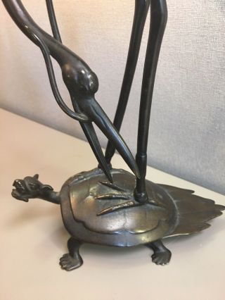 Tall Japanese Bronze Crane On Top Of Turtle Antique Candlestick 10