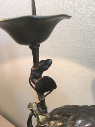 Tall Japanese Bronze Crane On Top Of Turtle Antique Candlestick 11