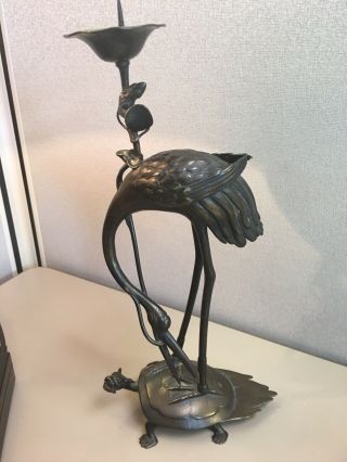 Tall Japanese Bronze Crane On Top Of Turtle Antique Candlestick