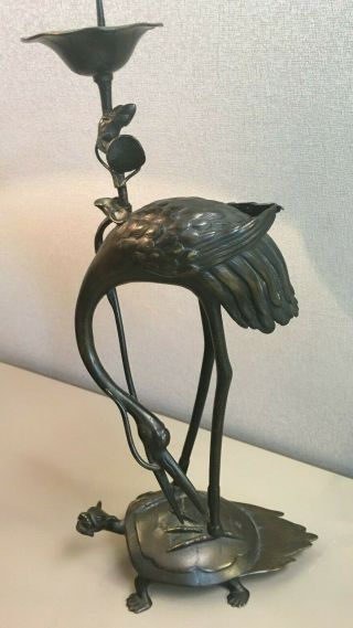 Tall Japanese Bronze Crane On Top Of Turtle Antique Candlestick 2
