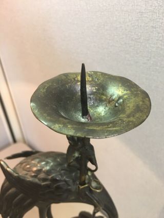 Tall Japanese Bronze Crane On Top Of Turtle Antique Candlestick 4