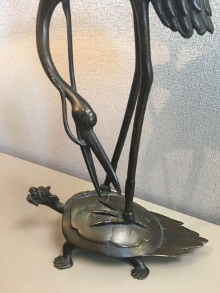 Tall Japanese Bronze Crane On Top Of Turtle Antique Candlestick 5