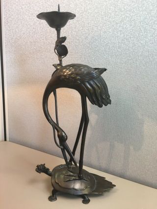 Tall Japanese Bronze Crane On Top Of Turtle Antique Candlestick 6