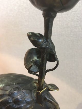 Tall Japanese Bronze Crane On Top Of Turtle Antique Candlestick 8