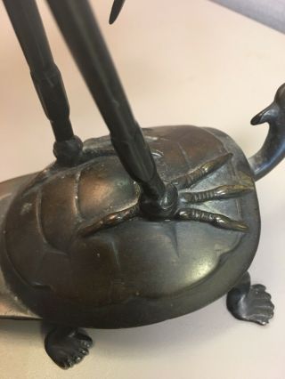 Tall Japanese Bronze Crane On Top Of Turtle Antique Candlestick 9