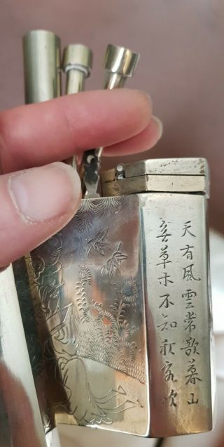Antique Chinese Paktong Water Pipe Engraved Romantic Couple Calligraphy Poems.  nr 11
