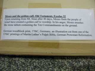 Antique German woodblock print 17thC Bible Old Testament Moses 10 commandments 7
