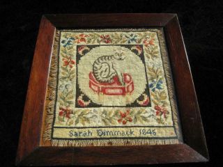19thc Needlework Sampler Of A Cat On A Cushion By Sarah Dimmack Dated 1845