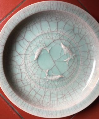 Large Chinese Song Ru Kiln Crackle Glazed Celadon Porcelain Plate 11