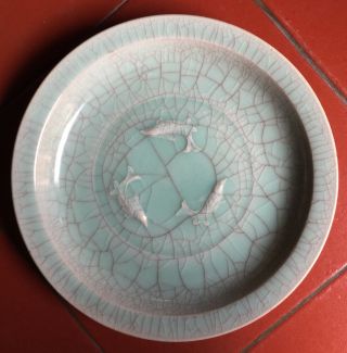 Large Chinese Song Ru Kiln Crackle Glazed Celadon Porcelain Plate 12