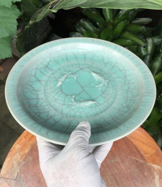 Large Chinese Song Ru Kiln Crackle Glazed Celadon Porcelain Plate 6