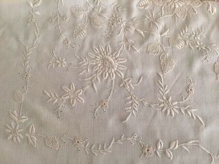 Exquisite Antique Ivory Silk Piano Scarf Shawl Embroidered Flowers/Double Fringe 10