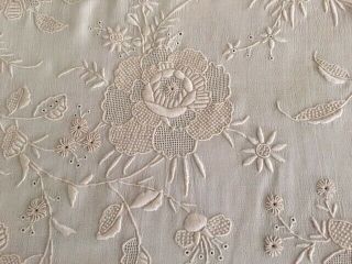 Exquisite Antique Ivory Silk Piano Scarf Shawl Embroidered Flowers/double Fringe