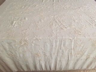 Exquisite Antique Ivory Silk Piano Scarf Shawl Embroidered Flowers/Double Fringe 3