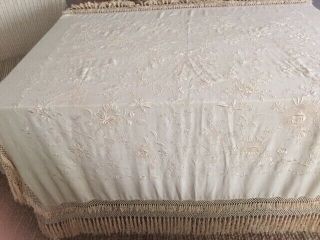 Exquisite Antique Ivory Silk Piano Scarf Shawl Embroidered Flowers/Double Fringe 4