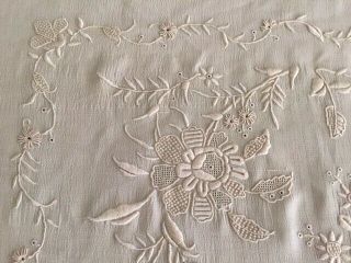 Exquisite Antique Ivory Silk Piano Scarf Shawl Embroidered Flowers/Double Fringe 5