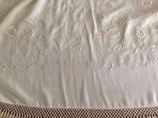 Exquisite Antique Ivory Silk Piano Scarf Shawl Embroidered Flowers/Double Fringe 8