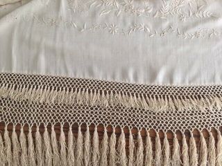 Exquisite Antique Ivory Silk Piano Scarf Shawl Embroidered Flowers/Double Fringe 9