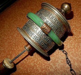 Old Rare Tibet Wood Bronze Silver Instrument For Pray Prayer Wheel Copper Jade