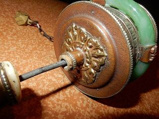 Old rare tibet wood bronze silver instrument for pray Prayer wheel copper jade 5