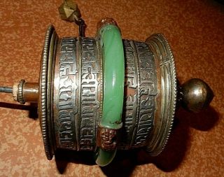 Old rare tibet wood bronze silver instrument for pray Prayer wheel copper jade 6