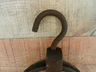 Large Antique Primitive Cast Iron Barn Hay Lift Pulley Old Farm Tool & Iron Hook 3