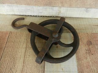 Large Antique Primitive Cast Iron Barn Hay Lift Pulley Old Farm Tool & Iron Hook 6