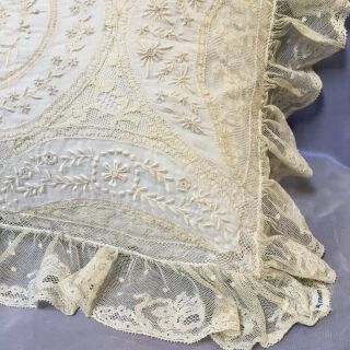 Antique Lace Pillow Cover French Brussels Normandy Vintage Embroidery Flowers 3