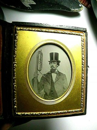 1/6 Plate Ambrotype - Top Hat Man With Unusual Musical Instrument