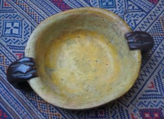 FINE UNUSUAL NORTH WEST COAST INUIT ESKIMO? CARVED WOODEN BOWL WITH BEAR HANDLES 6