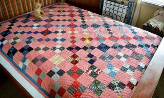 Antique Hand Stitched Four Patch Calico Quilt 4